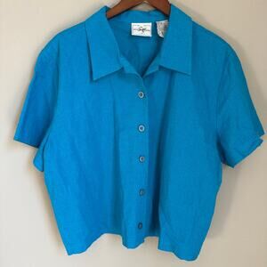 Vintage 90s Blue Linen Button Up Shirt Y2K Lagenlook Office Top Artsy Size 18